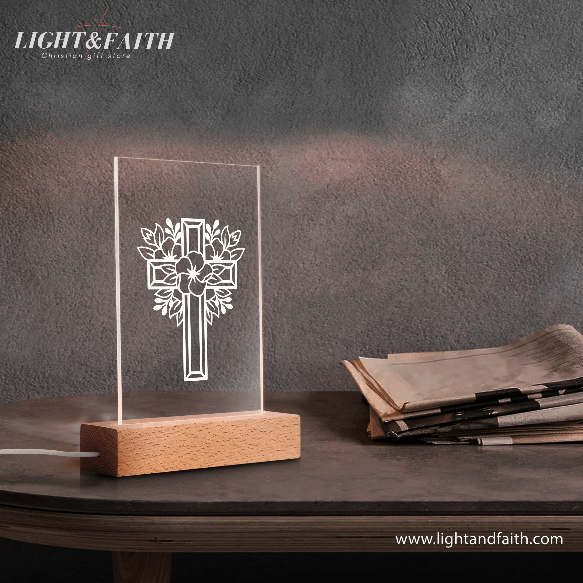Christian Cross LED Night Light with Floral Design – Faith-Based Home Decor Gift, Faith Gift for Believers. NLLAF23